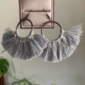 Boho grey and gold hoop dangle earrings with fringe
